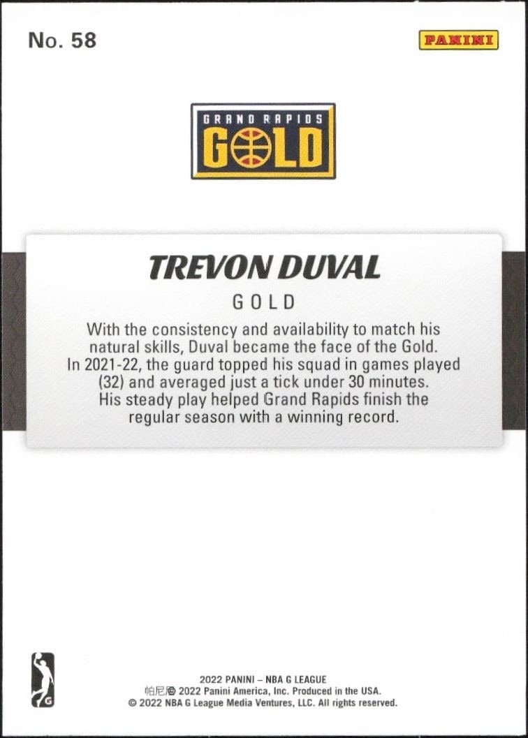 2021-22 Panini NBA G League Trevon Duval #58 basketball trading card back