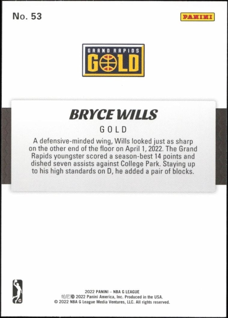 2021-22 Panini NBA G League Bryce Wills #53 basketball trading card back