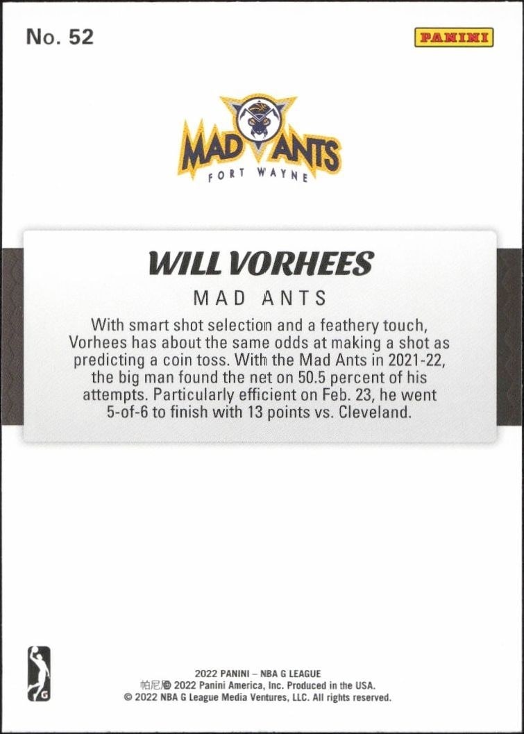 2021-22 Panini NBA G League Will Vorhees #52 basketball trading card back