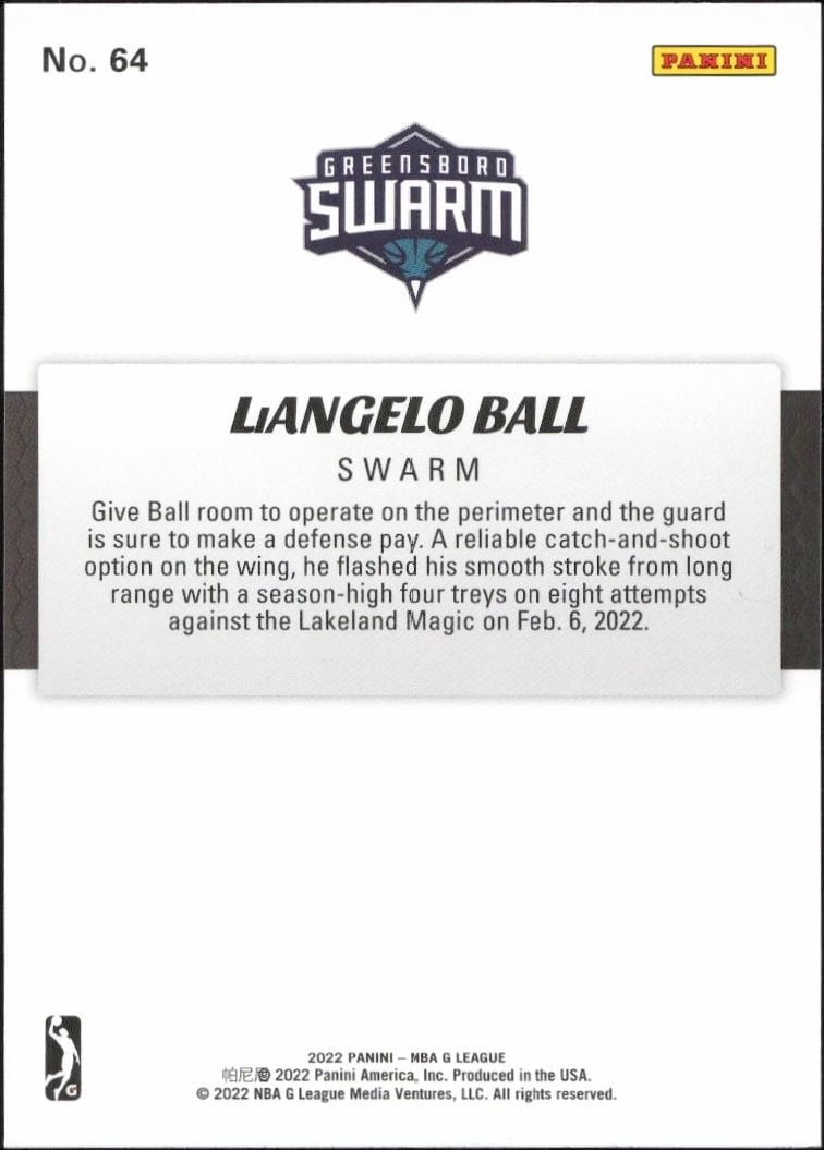 2021-22 Panini NBA G League Liangelo Ball #64 basketball trading card back