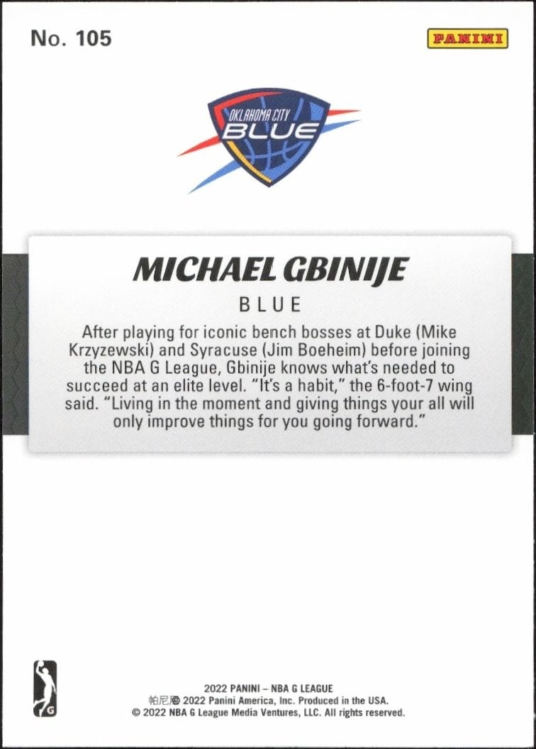 2021-22 Panini NBA G League Michael Gbinije #105 basketball trading card back