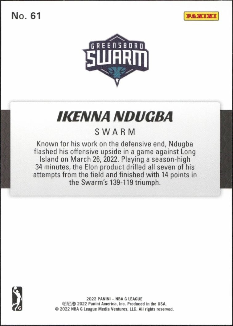 2021-22 Panini NBA G League Ikenna Ndugba #61 basketball trading card back