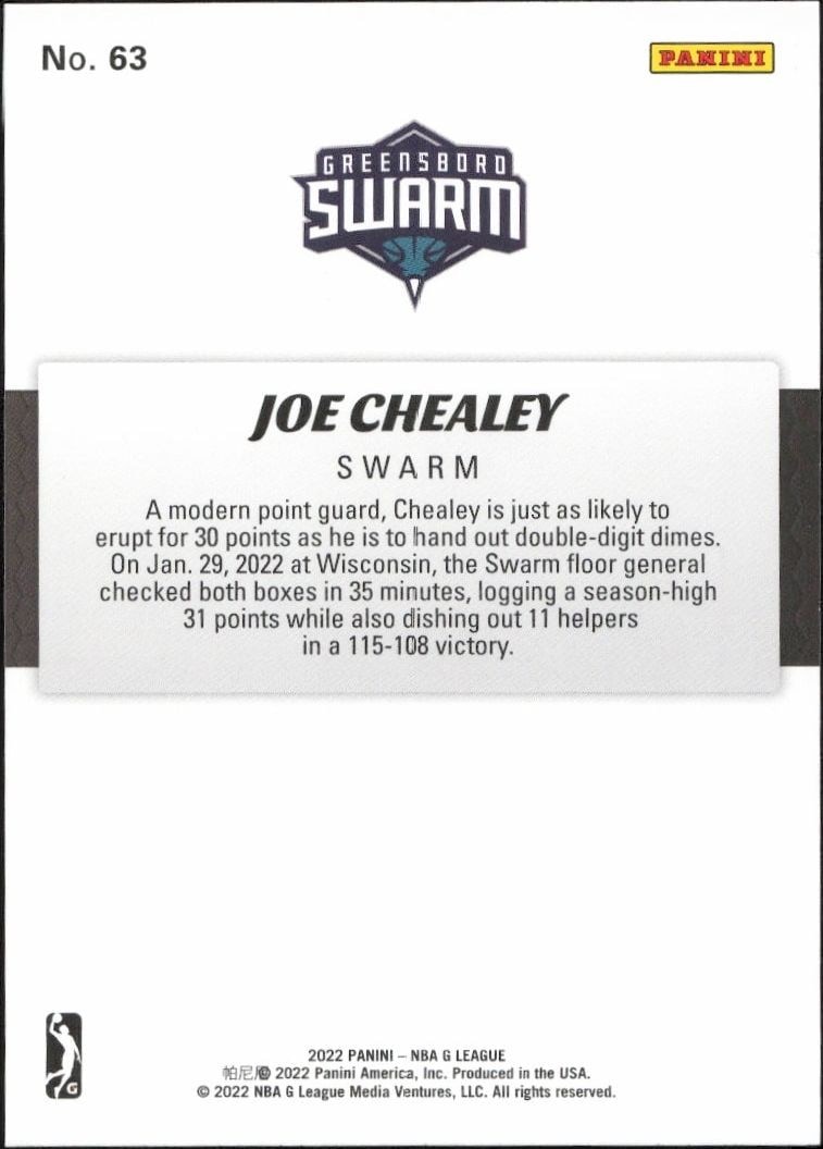 2021-22 Panini NBA G League Joe Chealey #63 basketball trading card back