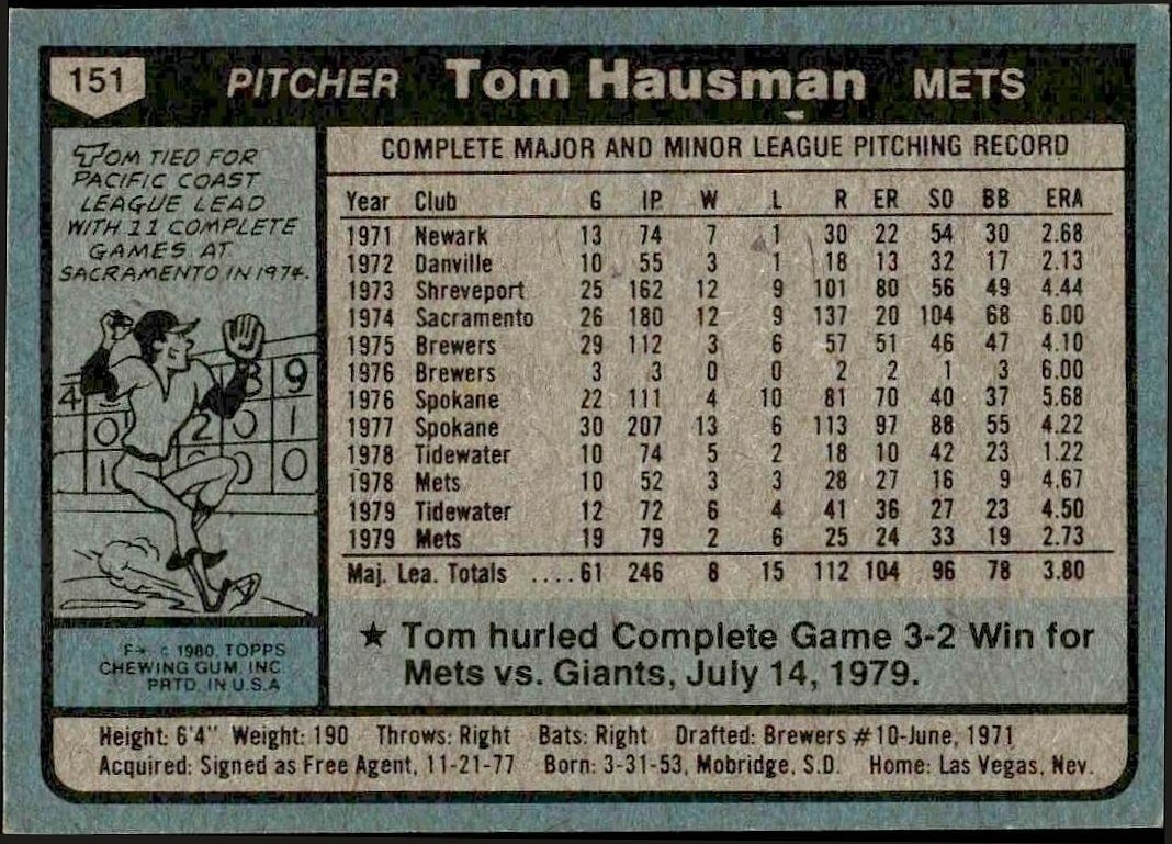 1980 Topps Tom Hausman #151 baseball trading card back
