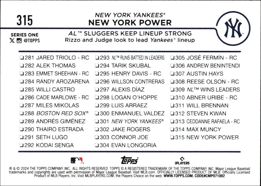 2024 Topps New York Power #315 baseball trading card back