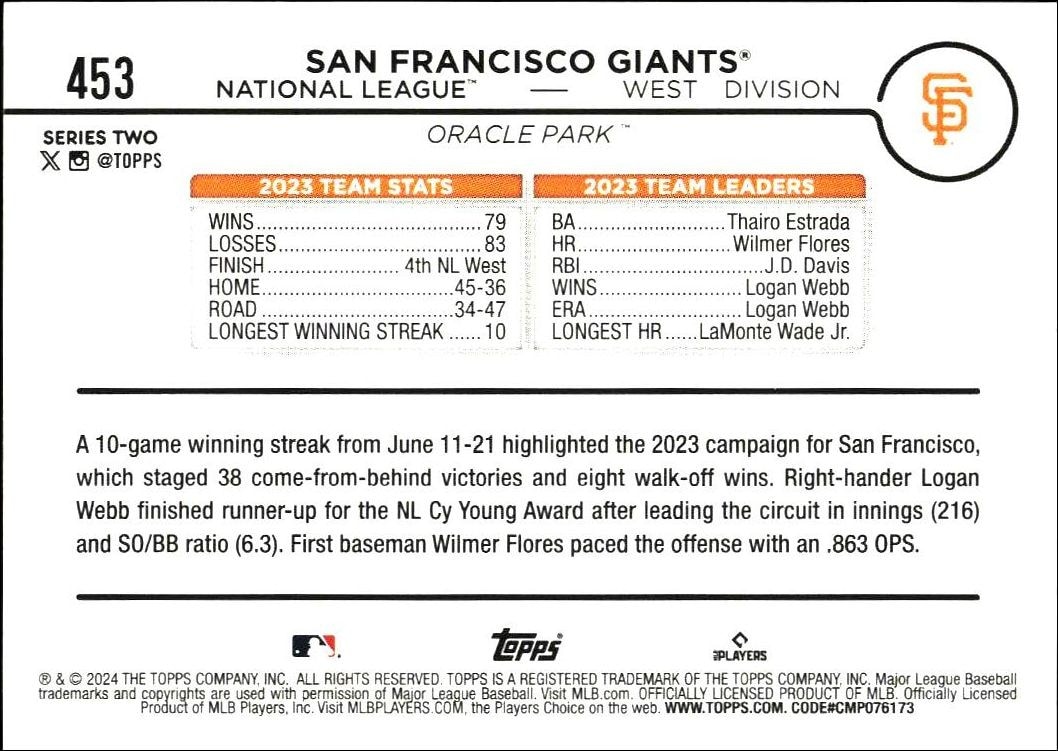 2024 Topps Series 2 San Francisco Giants #453 baseball trading card back