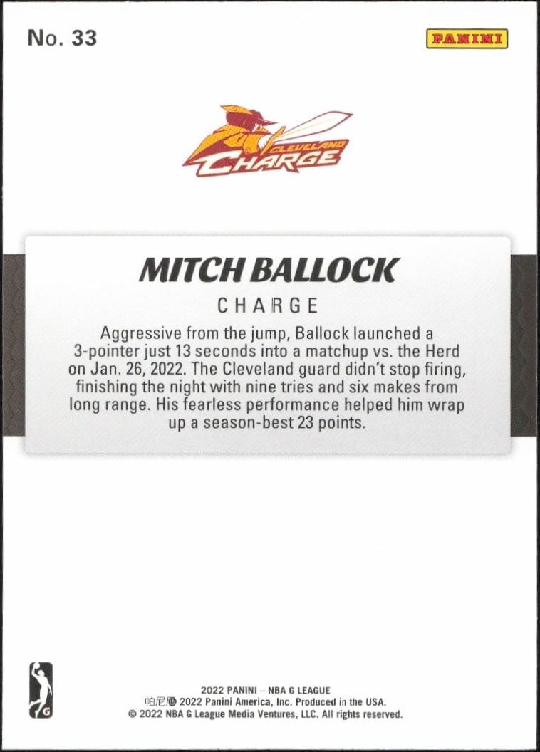 2021-22 Panini NBA G League Mitch Ballock #33 basketball trading card back