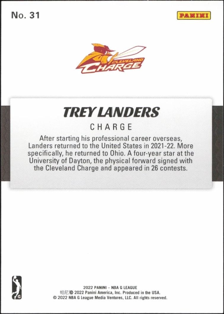 2021-22 Panini NBA G League Trey Landers #31 basketball trading card back
