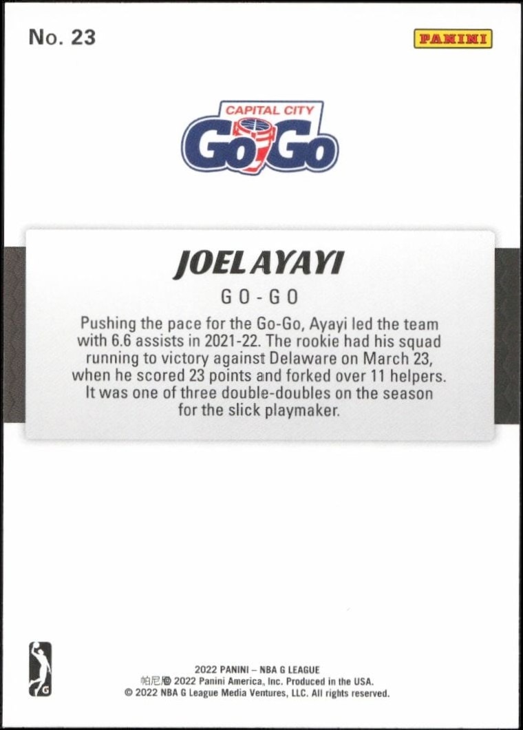 2021-22 Panini NBA G League Joel Ayayi #23 basketball trading card back