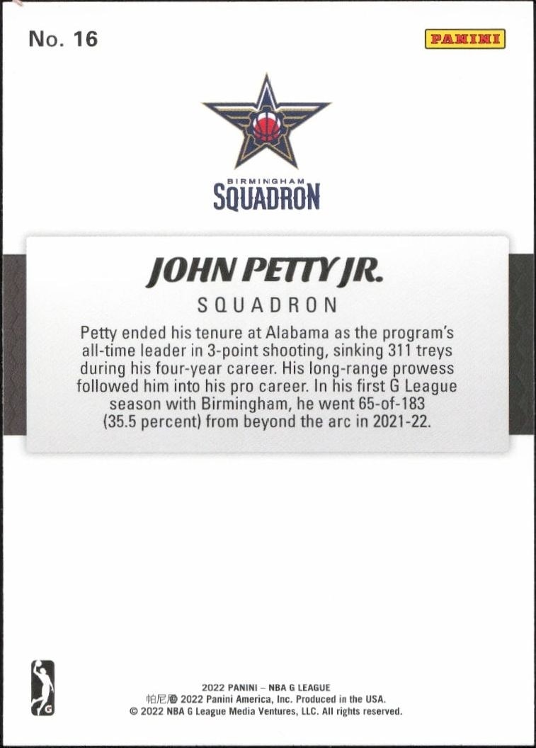 2021-22 Panini NBA G League John Petty Jr. #16 basketball trading card back