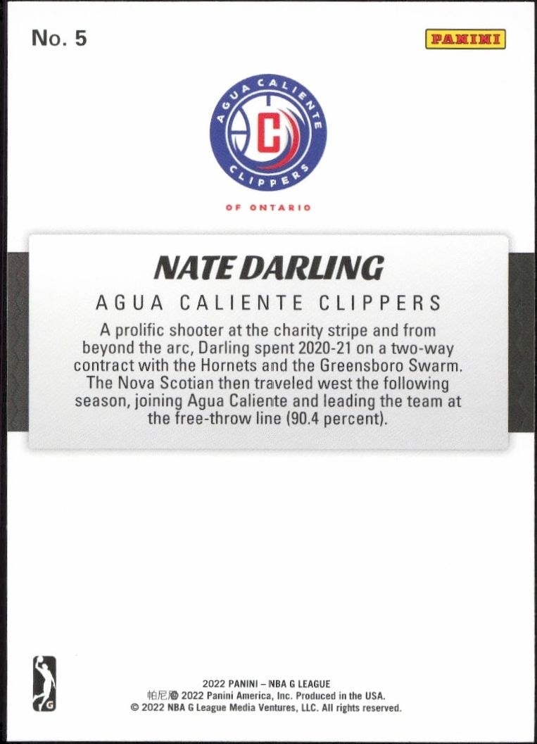 2021-22 Panini NBA G League Nate Darling #5 basketball trading card back