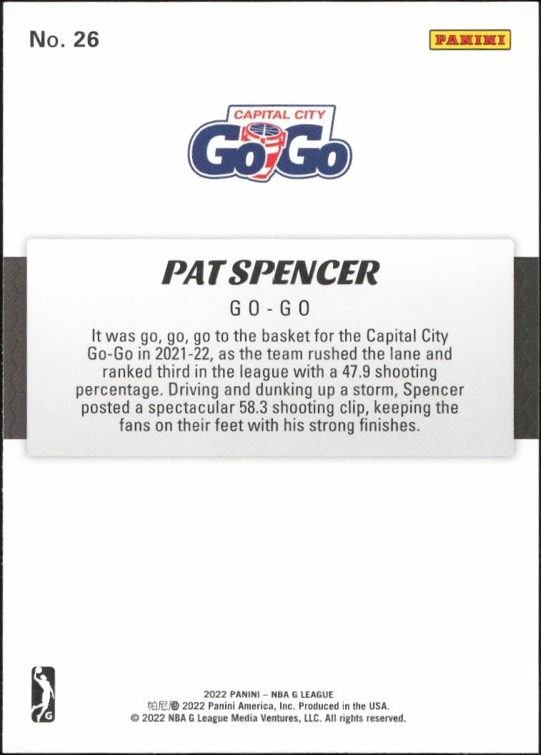 2021-22 Panini NBA G League Pat Spencer #26 basketball trading card back