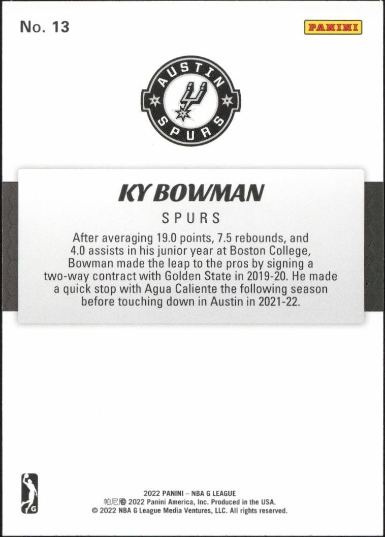 2021-22 Panini NBA G League Ky Bowman #13 basketball trading card back