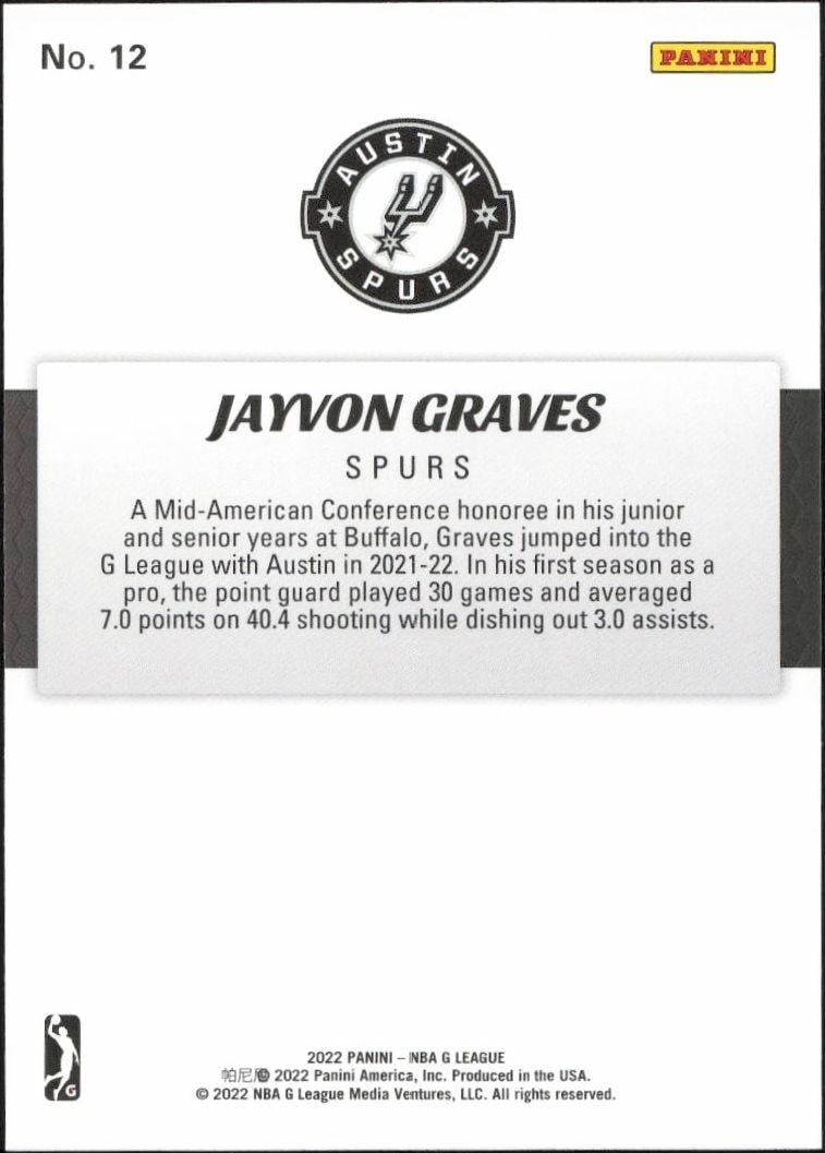 2021-22 Panini NBA G League Jayvon Graves #12 basketball trading card back