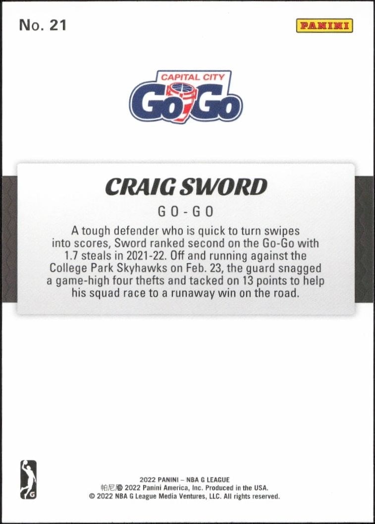 2021-22 Panini NBA G League Craig Sword #21 basketball trading card back