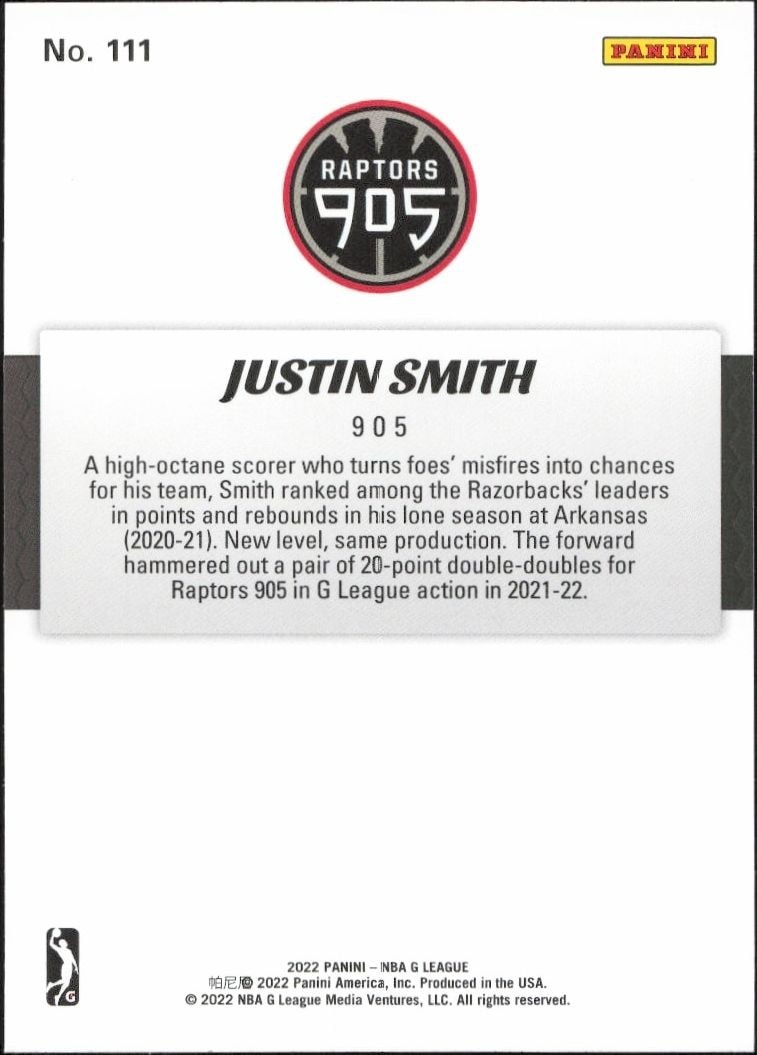 2021-22 Panini NBA G League Justin Smith #111 basketball trading card back