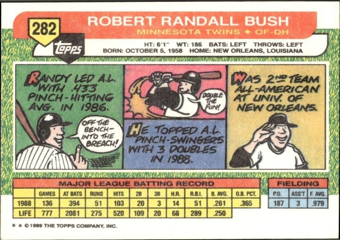 1989 Topps Big Randy Bush #282 baseball trading card back