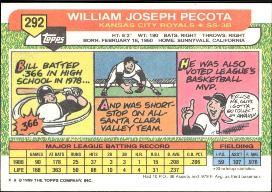 1989 Topps Big Bill Pecota #292 baseball trading card back