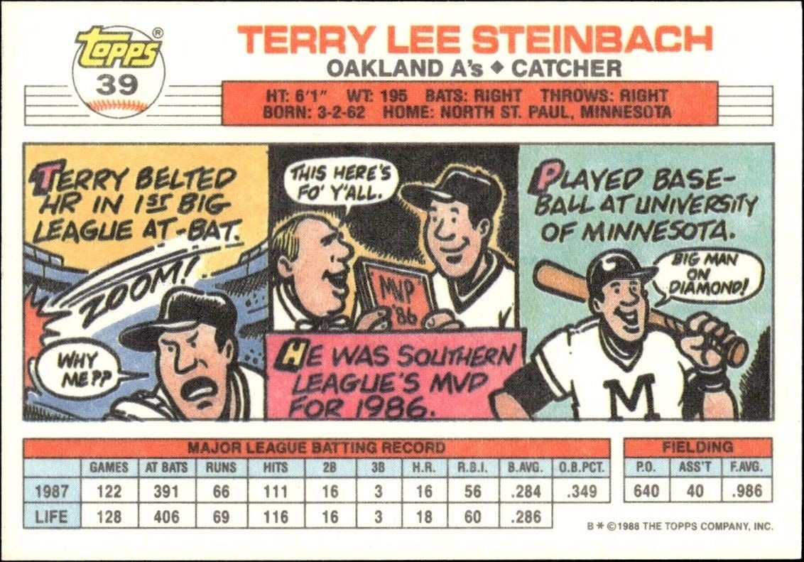 1988 Topps Big Terry Steinbach #39B baseball trading card back