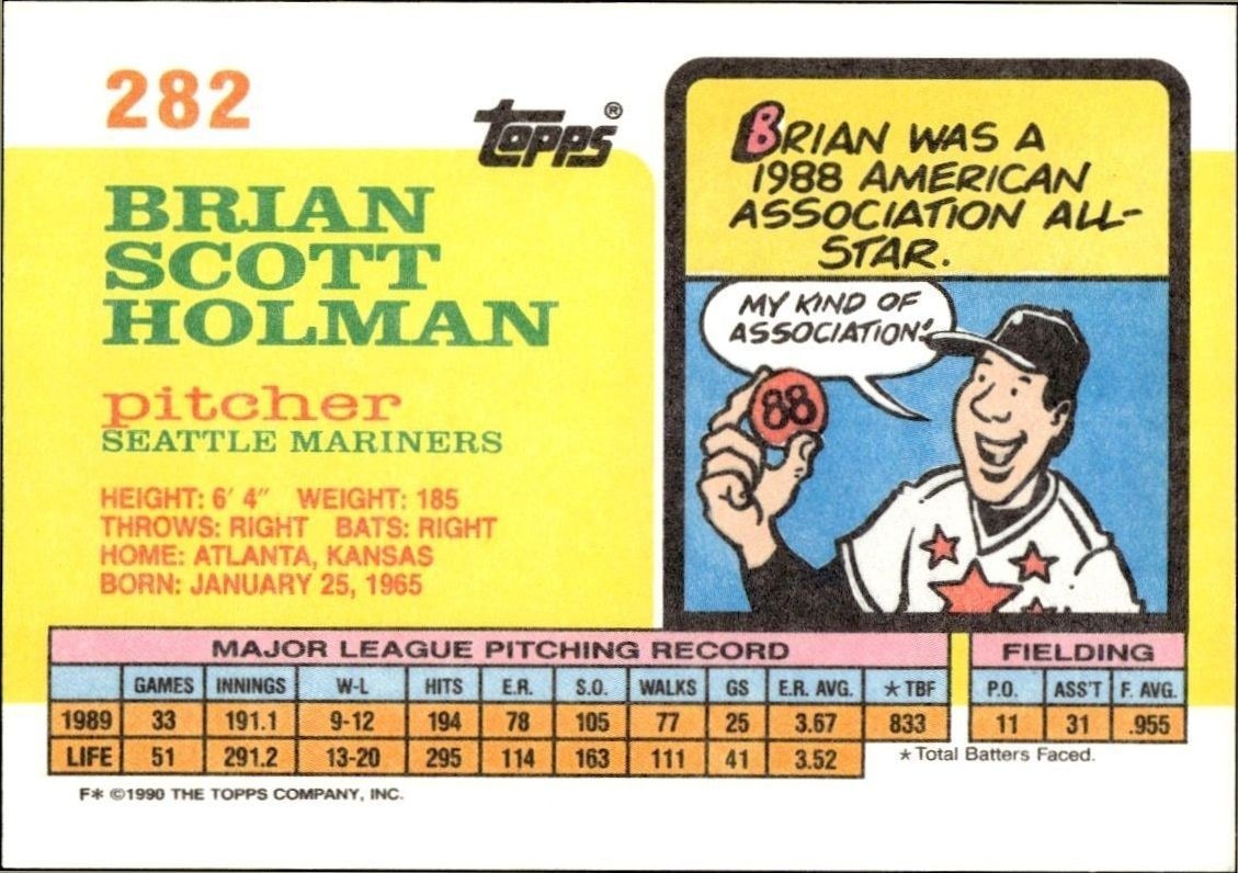 1990 Topps Big Brian Holman #282 baseball trading card back