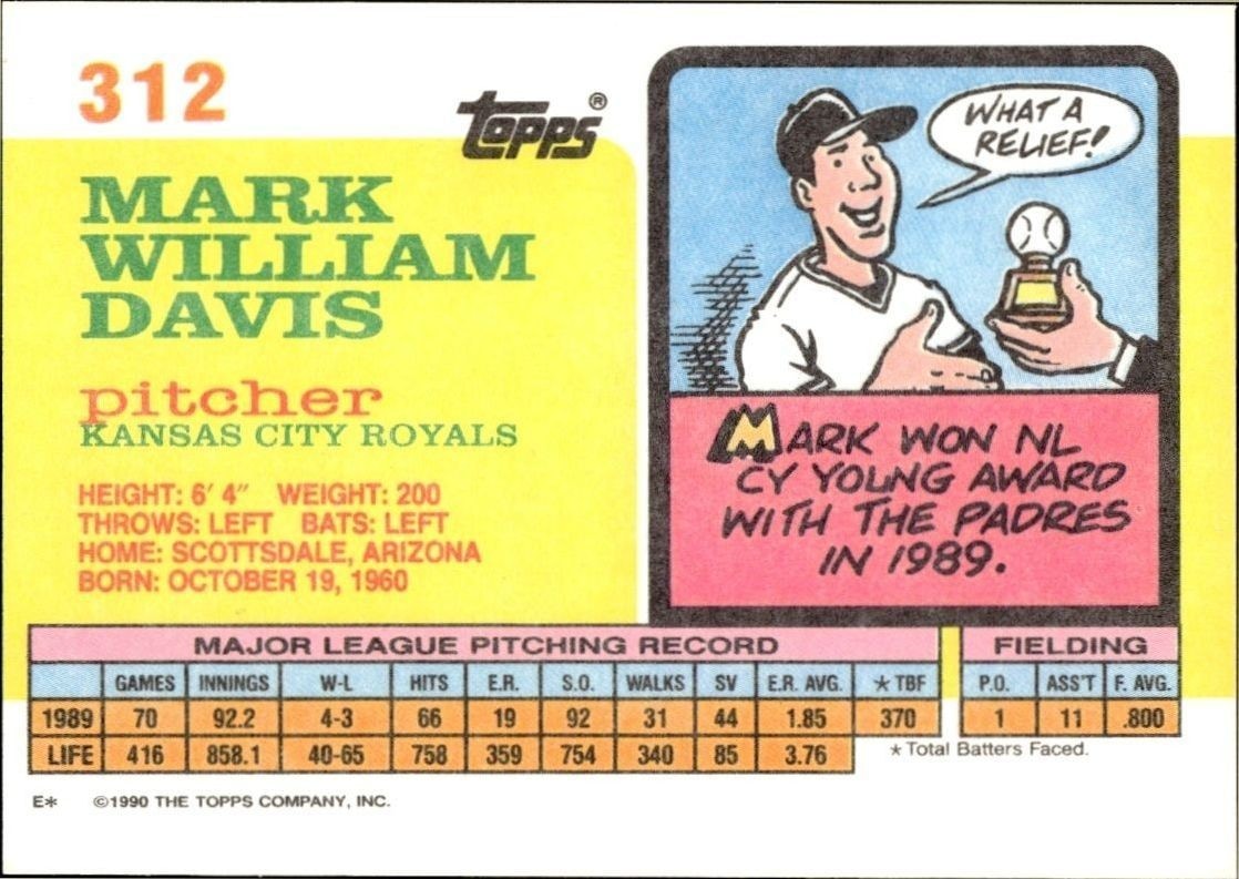 1990 Topps Big Mark Davis #312 baseball trading card back