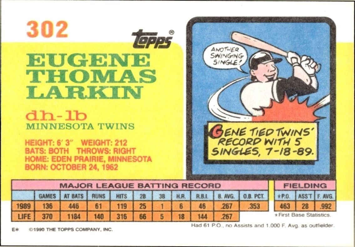 1990 Topps Big Gene Larkin #302 baseball trading card back