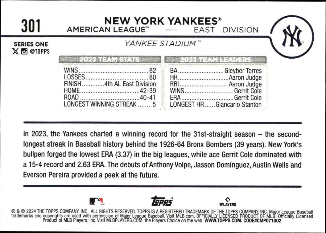 2024 Topps New York Yankees #301 baseball trading card back