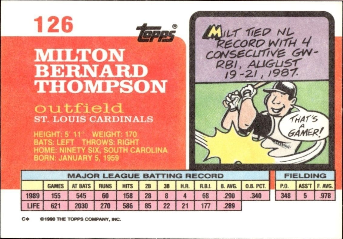1990 Topps Big Milt Thompson #126 baseball trading card back