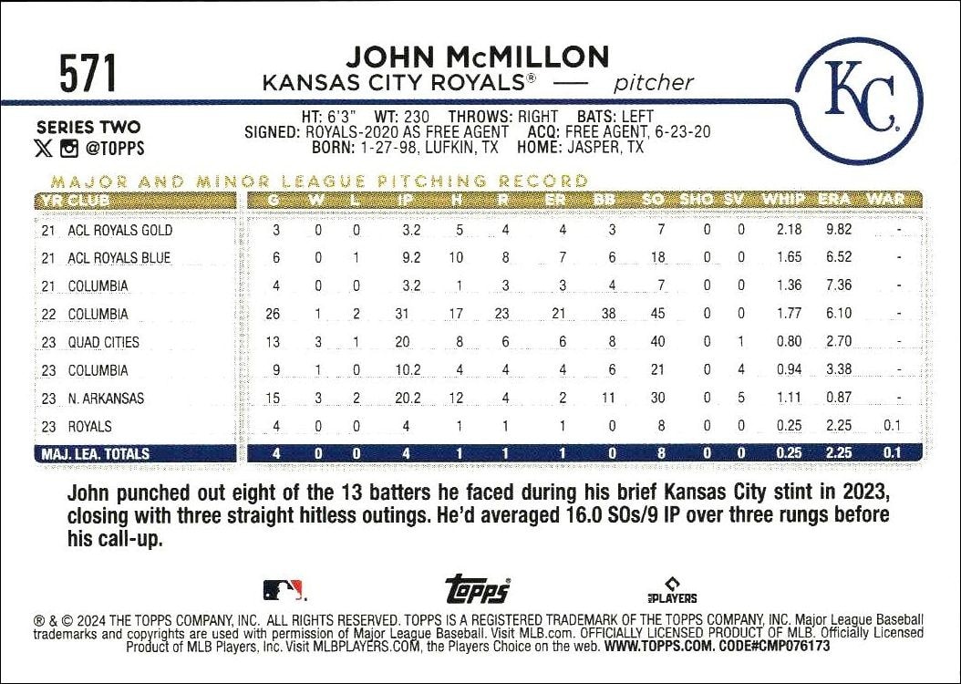 2024 Topps Series 2 John McMillon #571 baseball trading card back