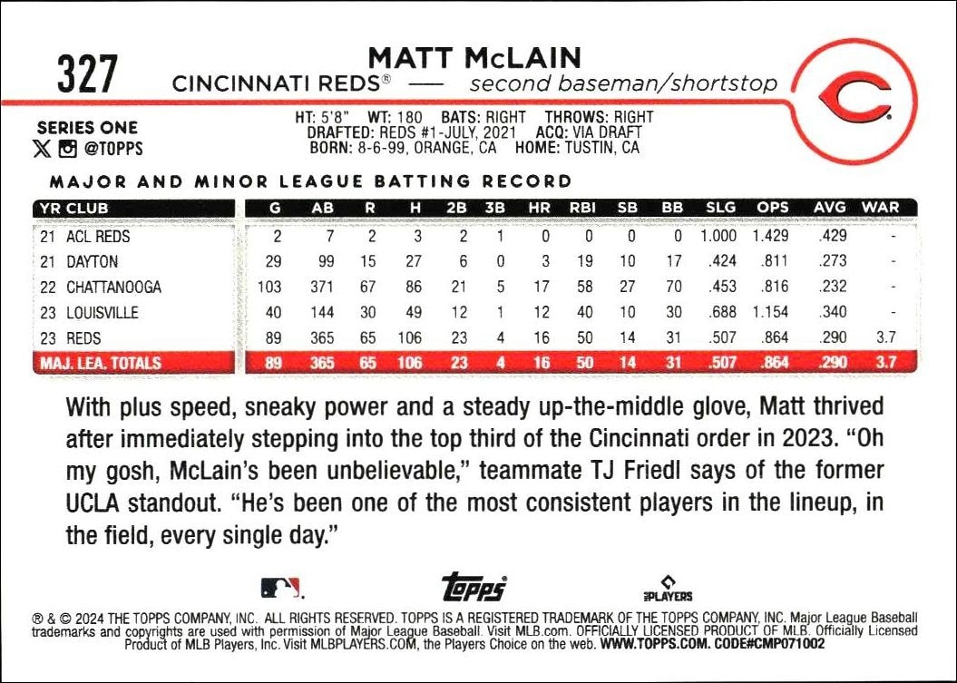 2024 Topps Matt McLain #327 baseball trading card back