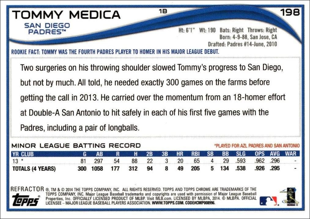 2014 Topps Chrome Tommy Medica #199 baseball trading card back