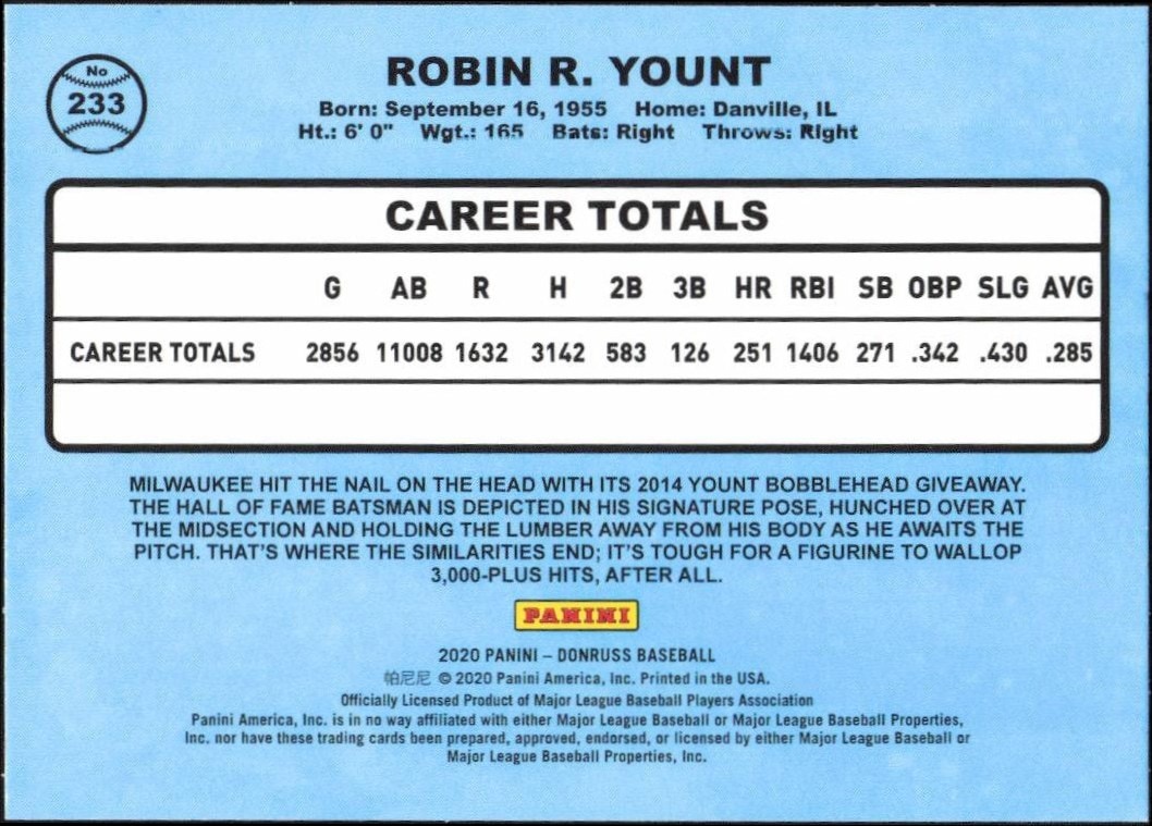 2020 Panini Donruss Optic Robin Yount #R86-24 baseball trading card back