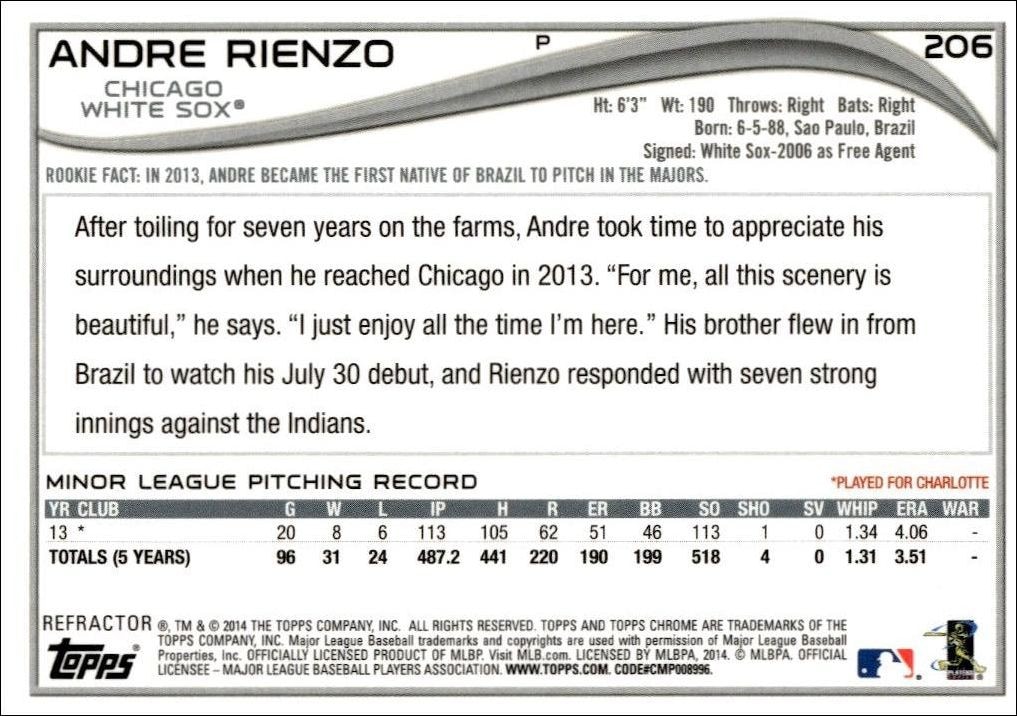 2014 Topps Chrome Andre Rienzo #206 baseball trading card back