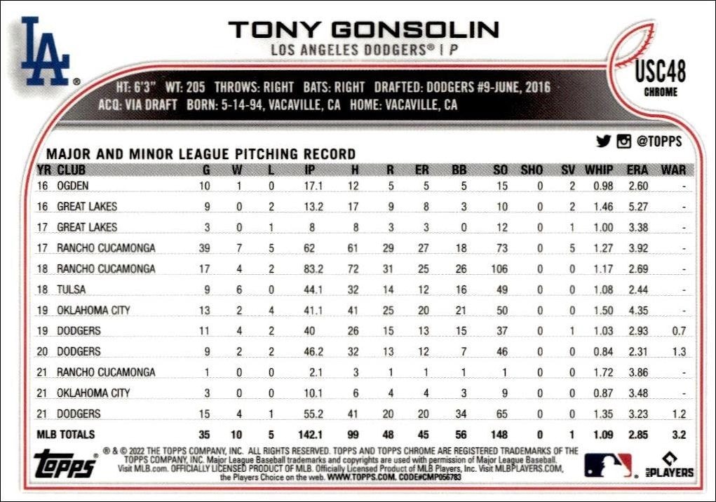 2022 Topps Chrome Update Tony Gonsolin #USC48 baseball trading card back