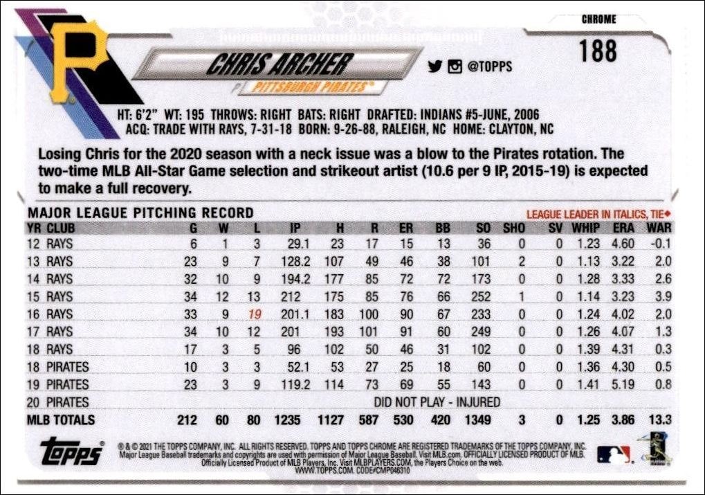 2021 Topps Chrome Chris Archer #188 baseball trading card back