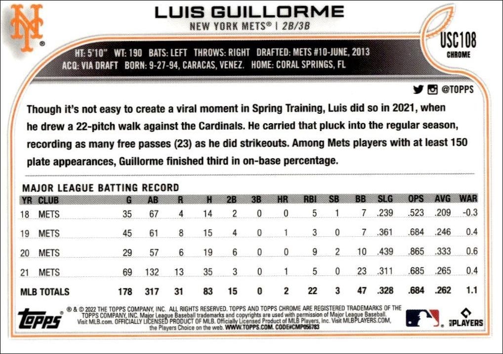 2022 Topps Chrome Update Luis Guillorme #USC108 baseball trading card back