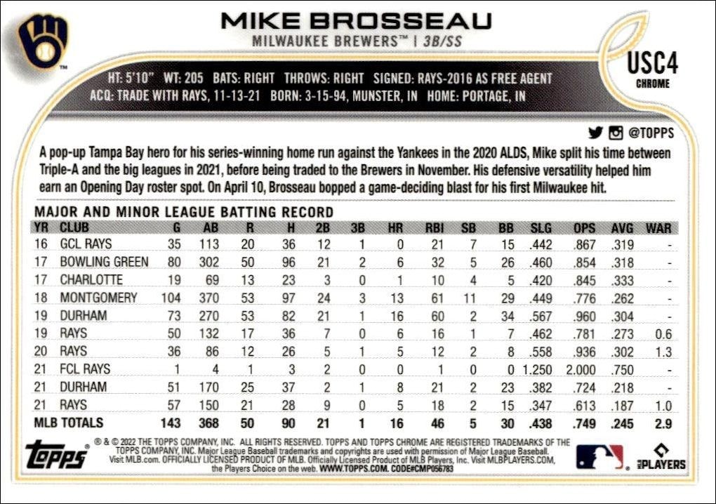 2022 Topps Chrome Update Mike Brosseau #USC4 baseball trading card back