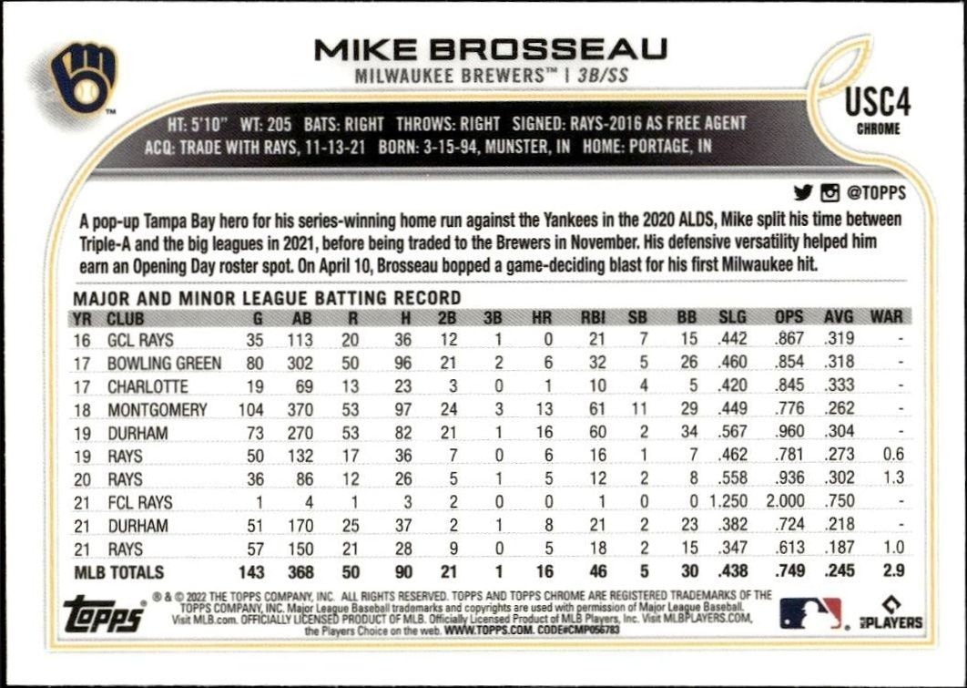 2022 Topps Chrome Update Mike Brosseau #USC4 baseball trading card back