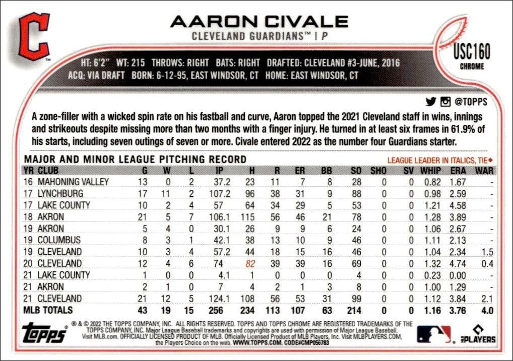 2022 Topps Chrome Update Aaron Civale #USC160 baseball trading card back