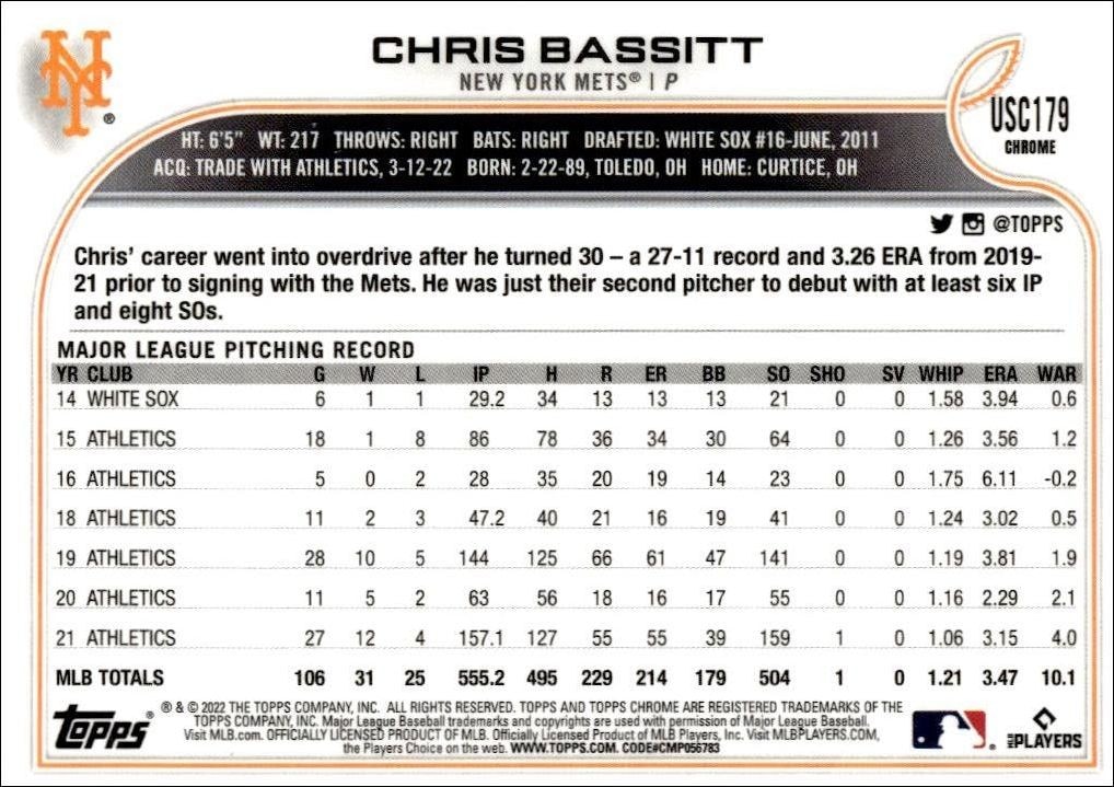 2022 Topps Chrome Update Chris Bassitt #USC179 baseball trading card back
