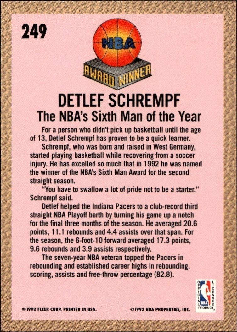 1992-93 Fleer Detlef Schrempf #249 basketball trading card back