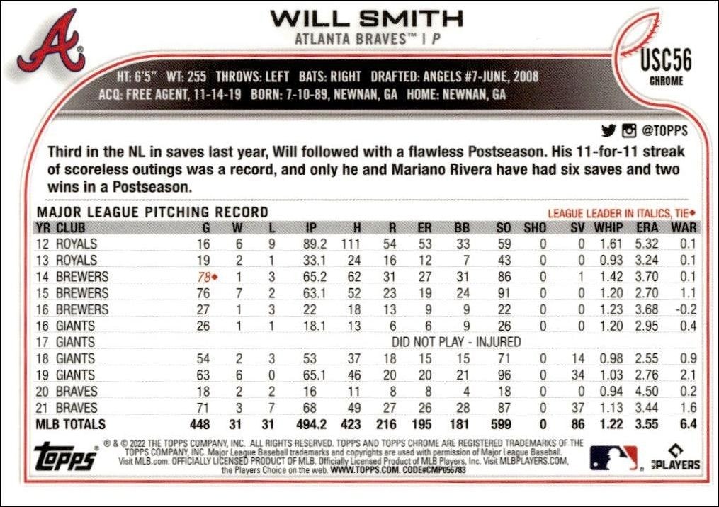 2022 Topps Chrome Update Will Smith #USC56 baseball trading card back
