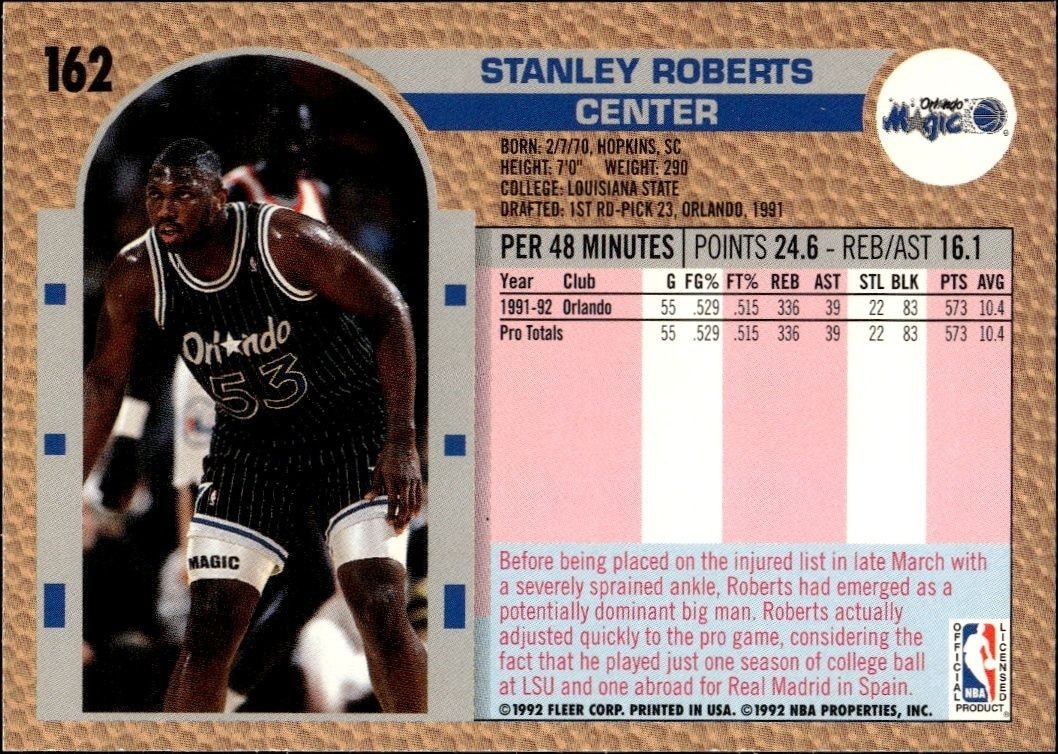 1992-93 Fleer Stanley Roberts #162 basketball trading card back