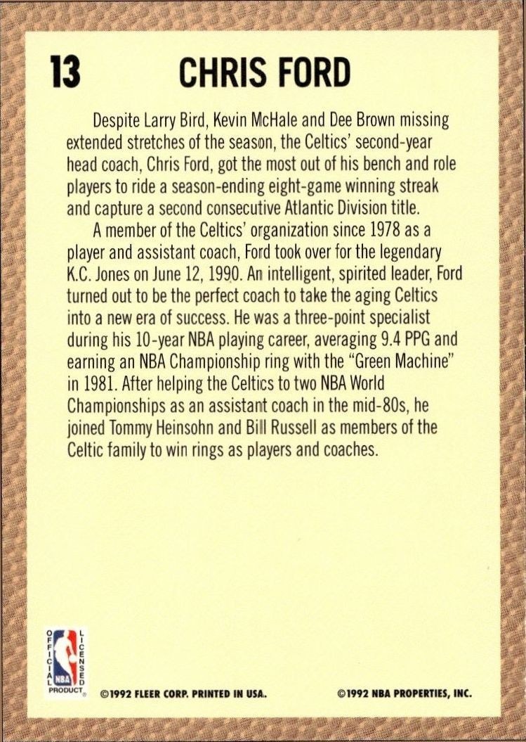 1992-93 Fleer Chris Ford #13 basketball trading card back