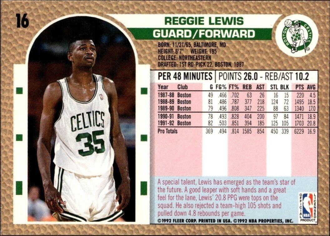 1992-93 Fleer Reggie Lewis #16 basketball trading card back