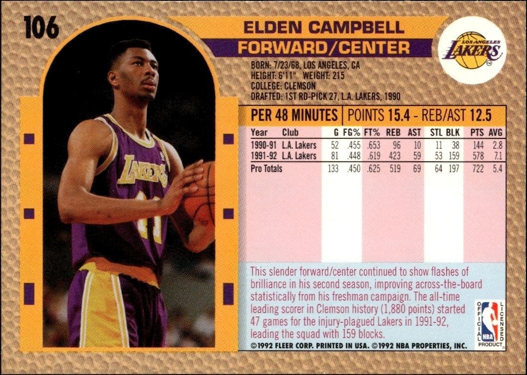 1992-93 Fleer Elden Campbell #106 basketball trading card back