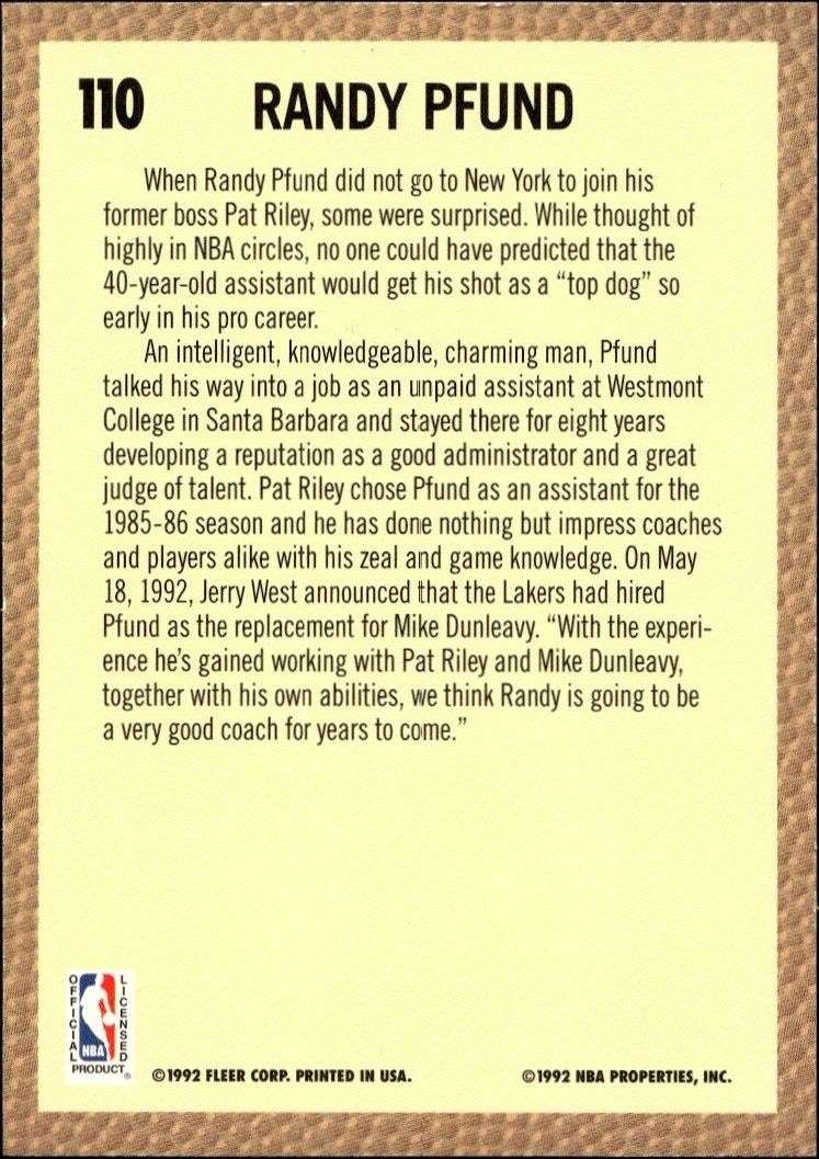1992-93 Fleer Randy Pfund #110 basketball trading card back