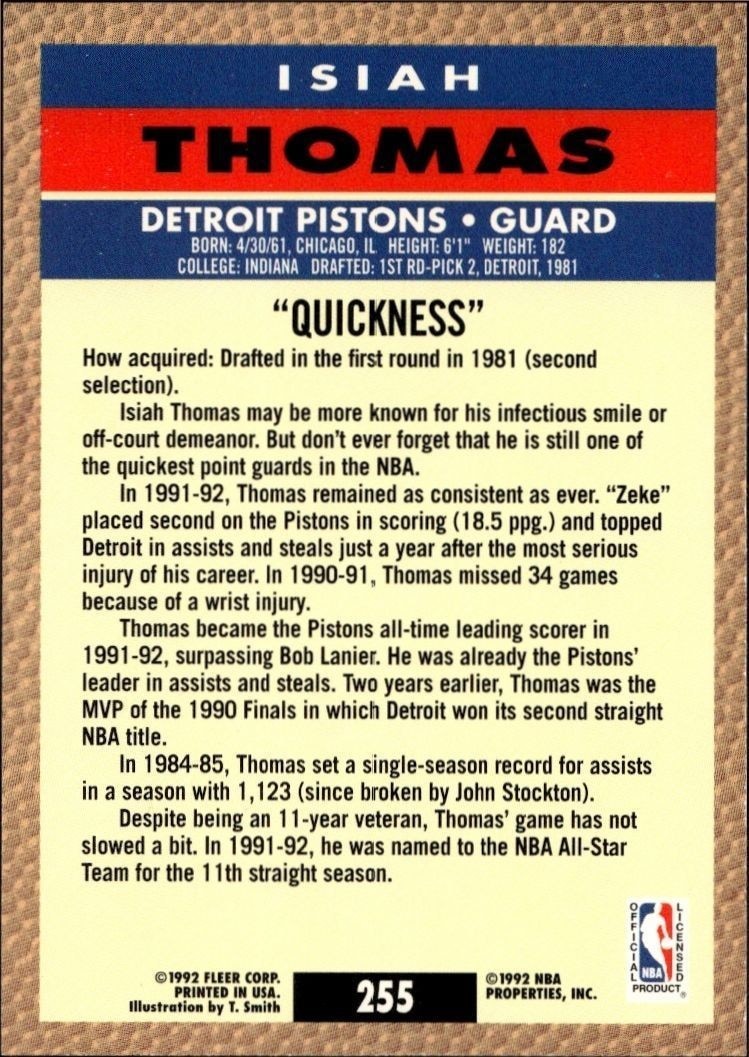 1992-93 Fleer Isiah Thomas #255 basketball trading card back