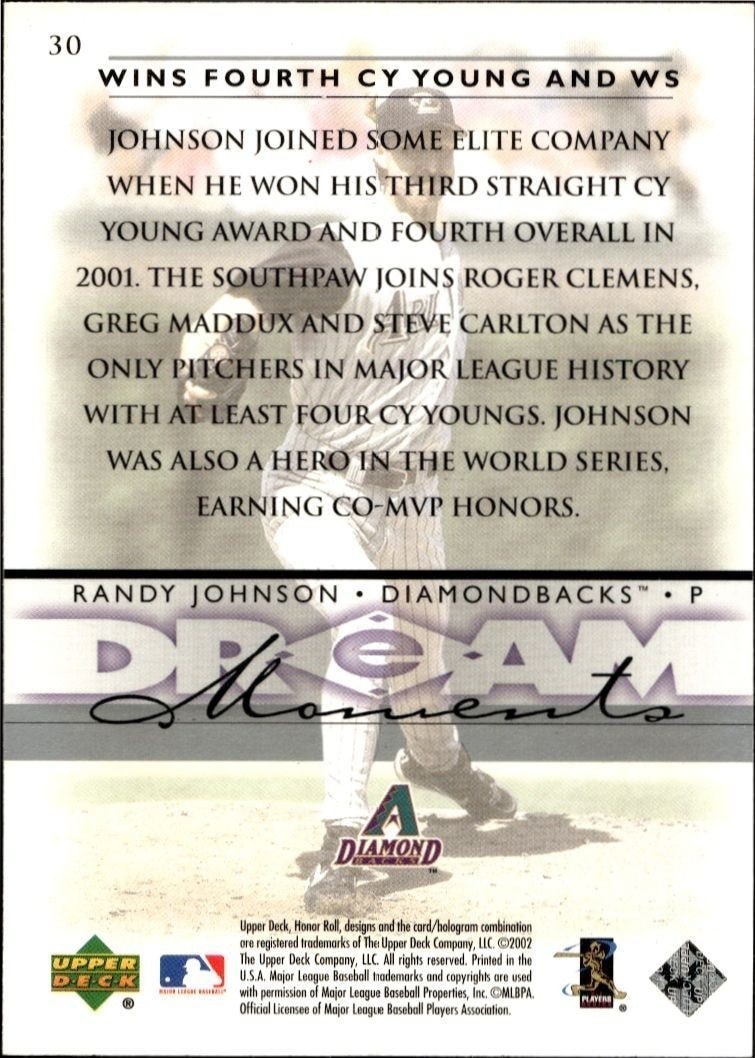 2002 Upper Deck Honor Roll Randy Johnson #30 baseball trading card back