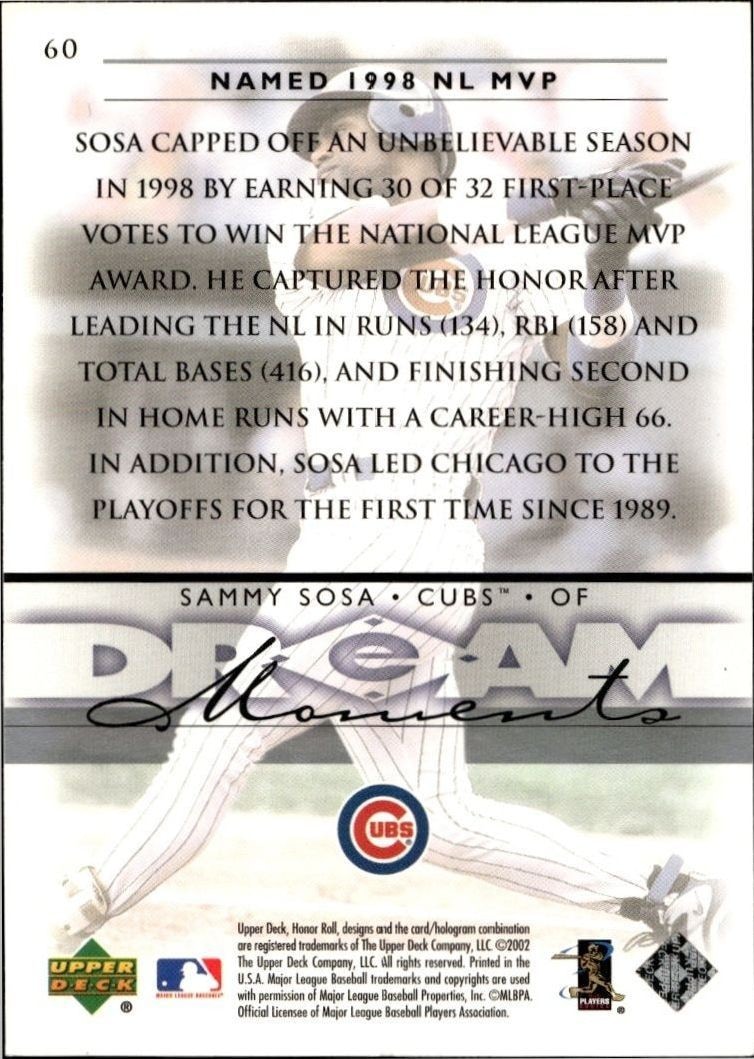 2002 Upper Deck Honor Roll Sammy Sosa #60 baseball trading card back